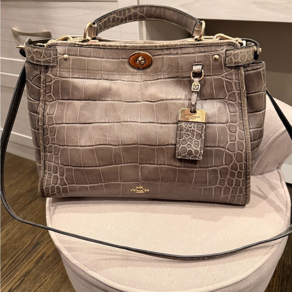Coach Taupe Crocodile-Embossed Satchel